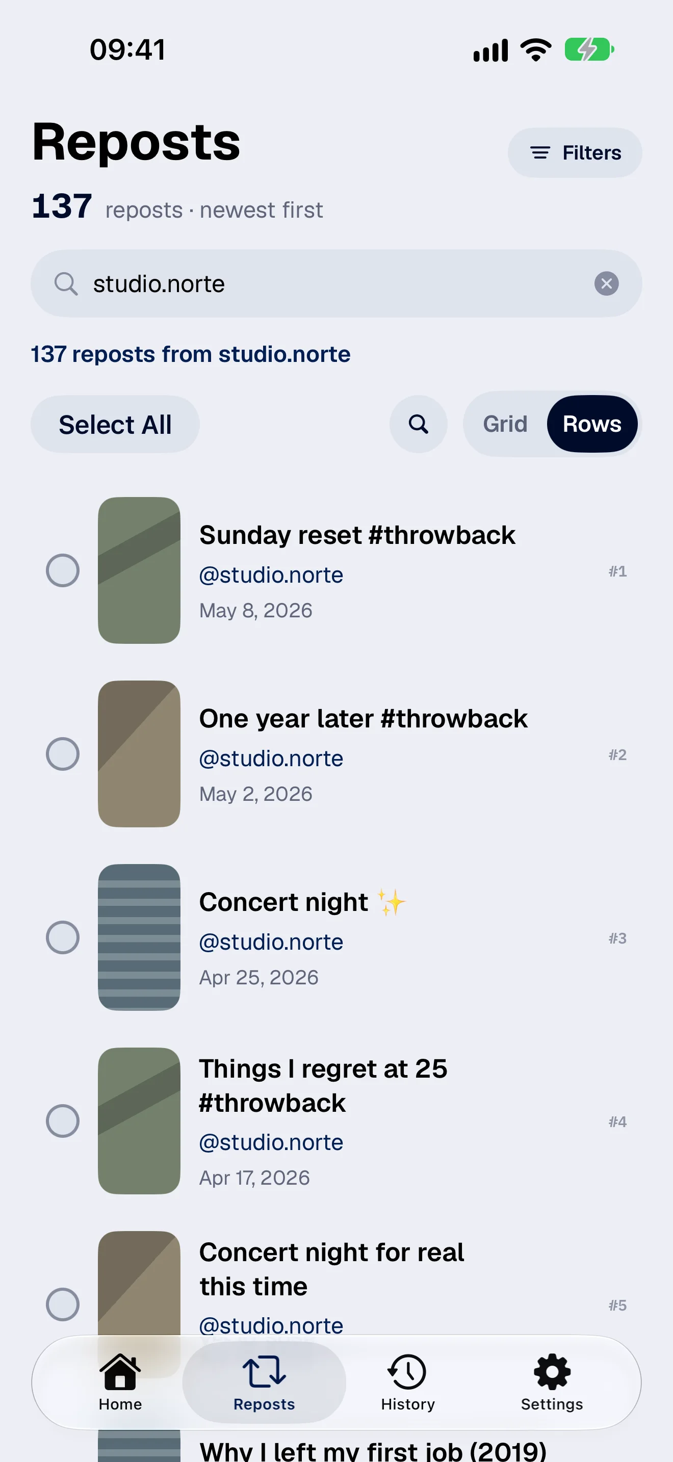 FixMyTok demo screen with a sample list of reposts