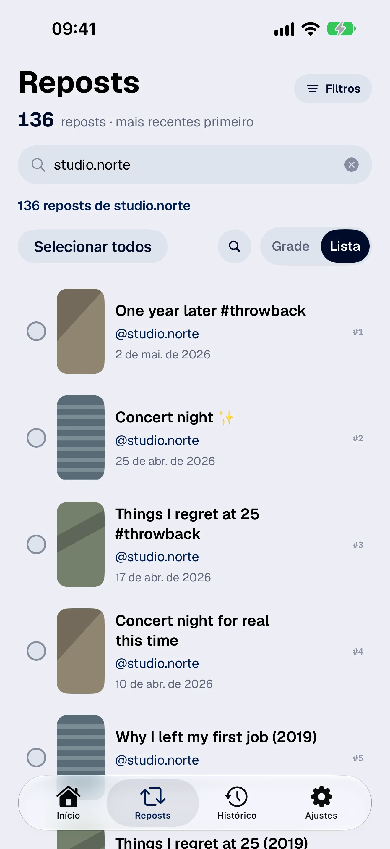 Tela de demonstração do FixMyTok com uma lista de republicados de exemplo