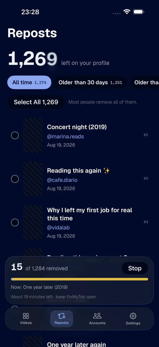 A cleanup running, with its progress and current item