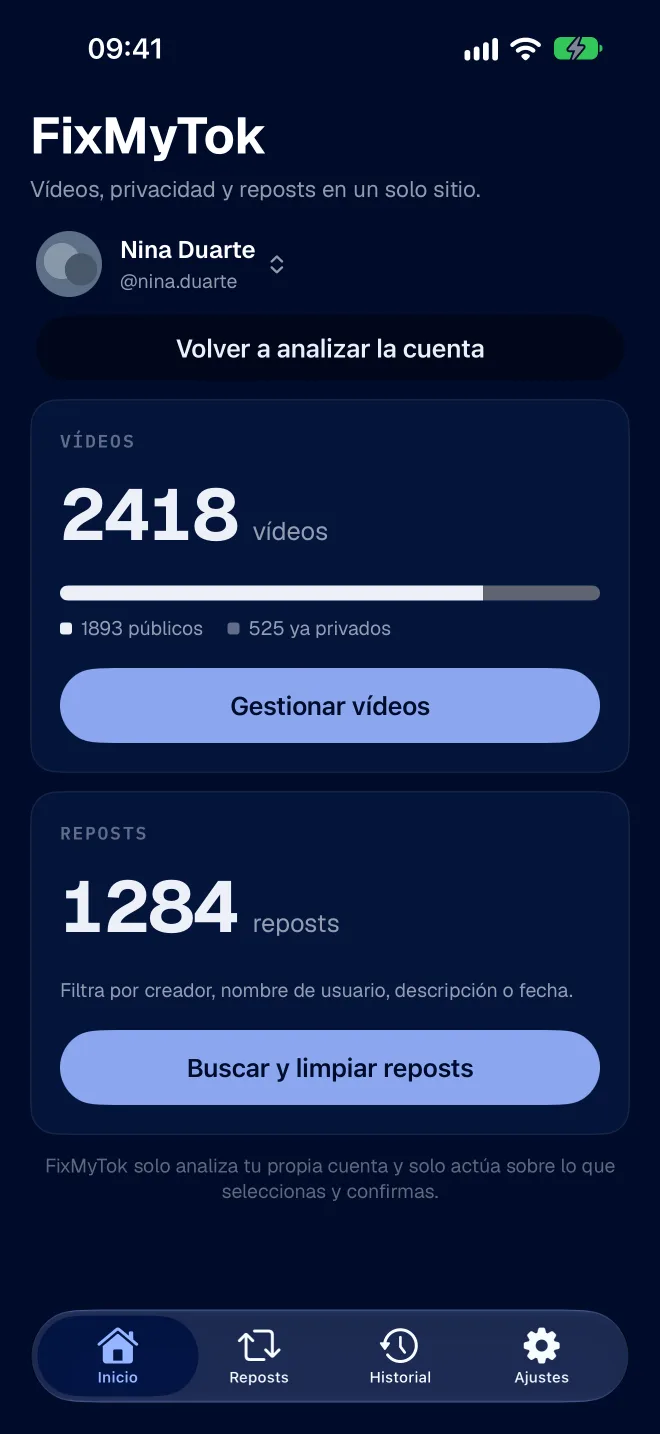 El panel de FixMyTok