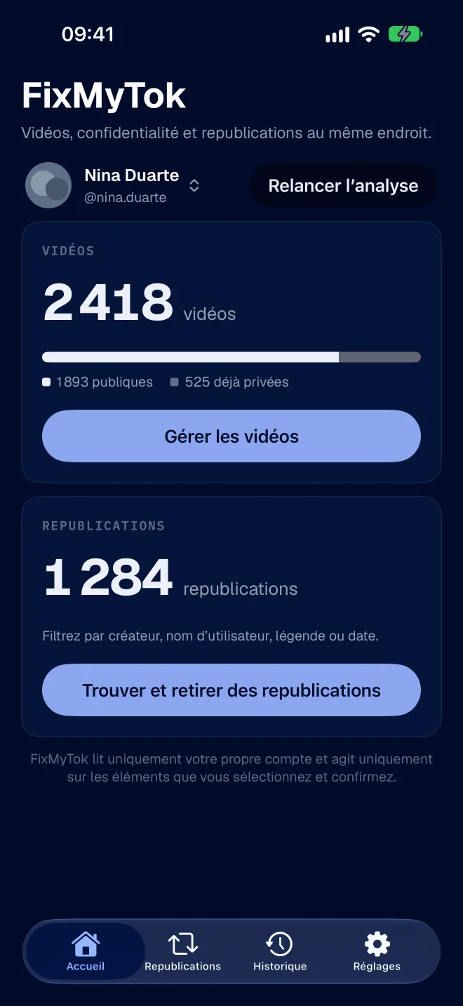 Le tableau de bord de FixMyTok