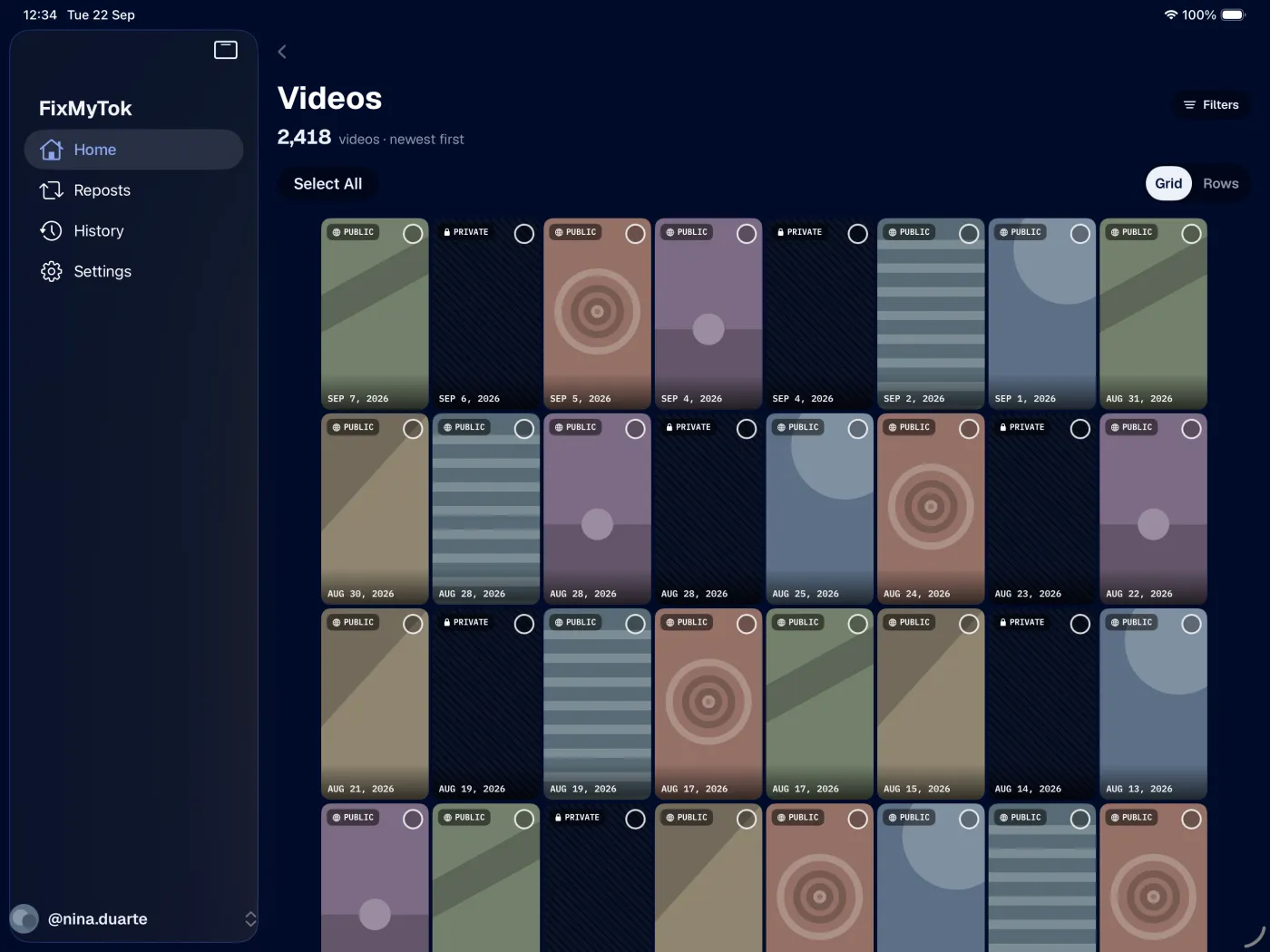 FixMyTok on iPad, the library filtered and selected in bulk