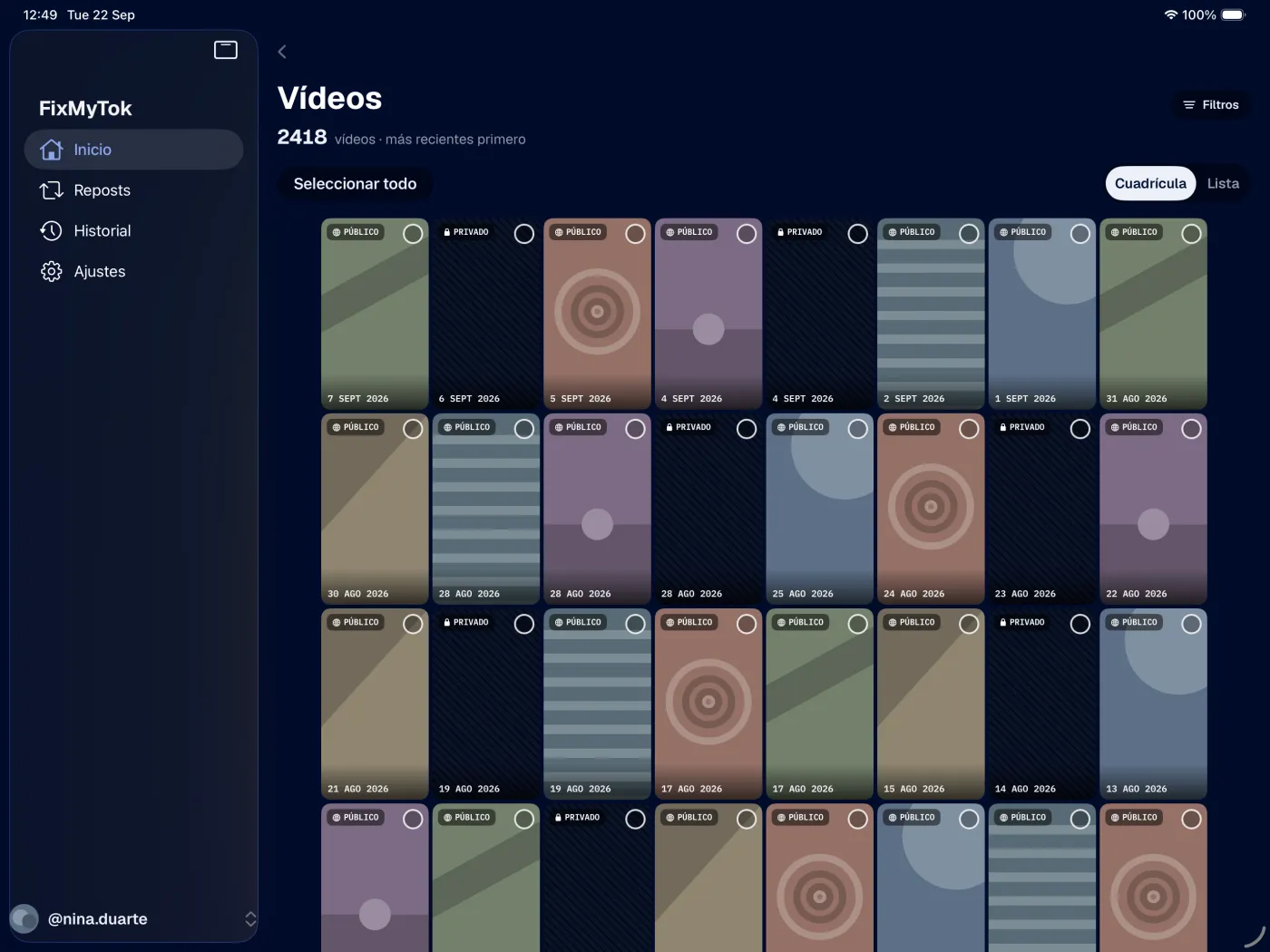 FixMyTok en el iPad, la biblioteca filtrada y seleccionada en masa