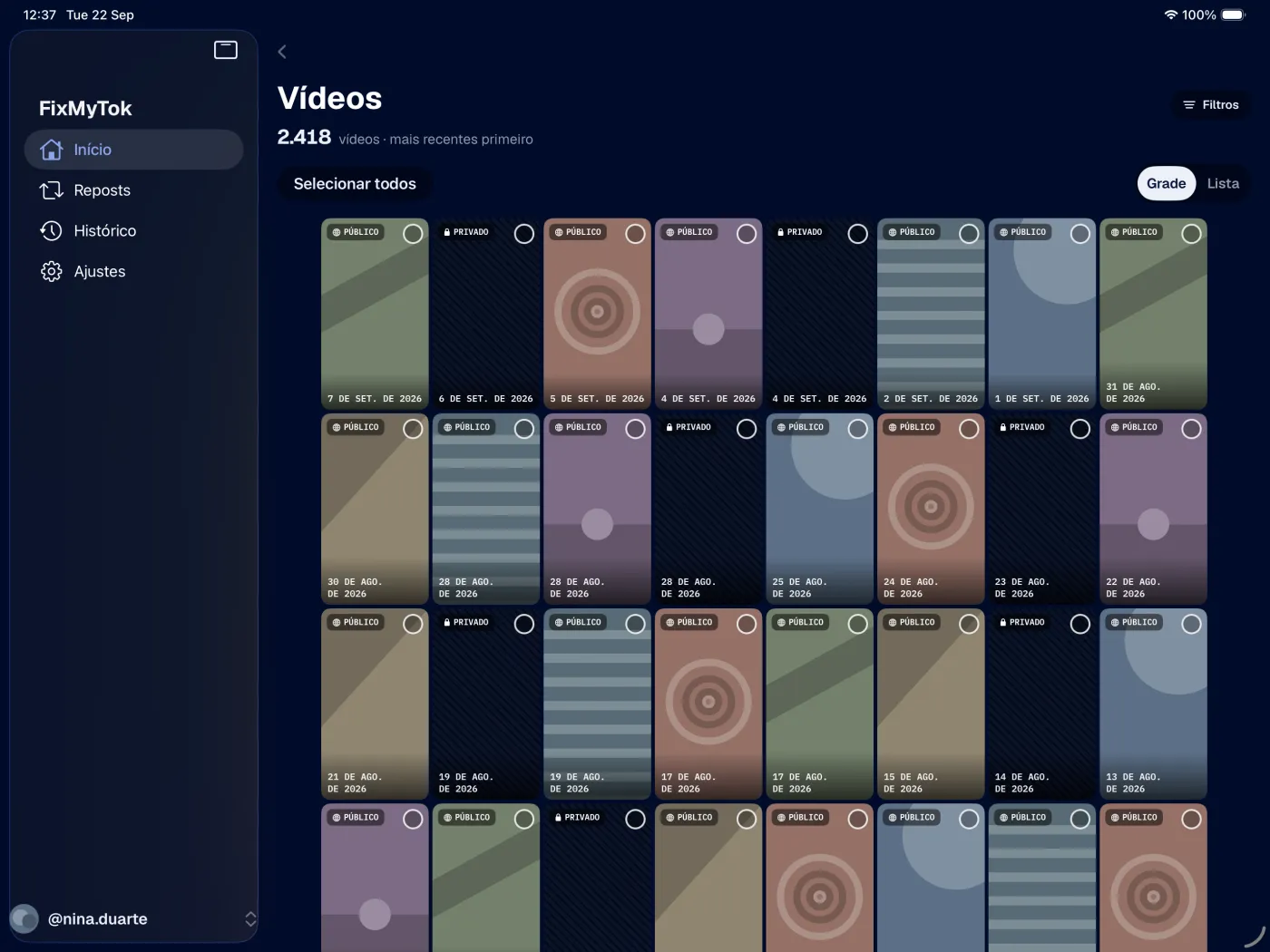 O FixMyTok no iPad com a biblioteca filtrada e selecionada em massa