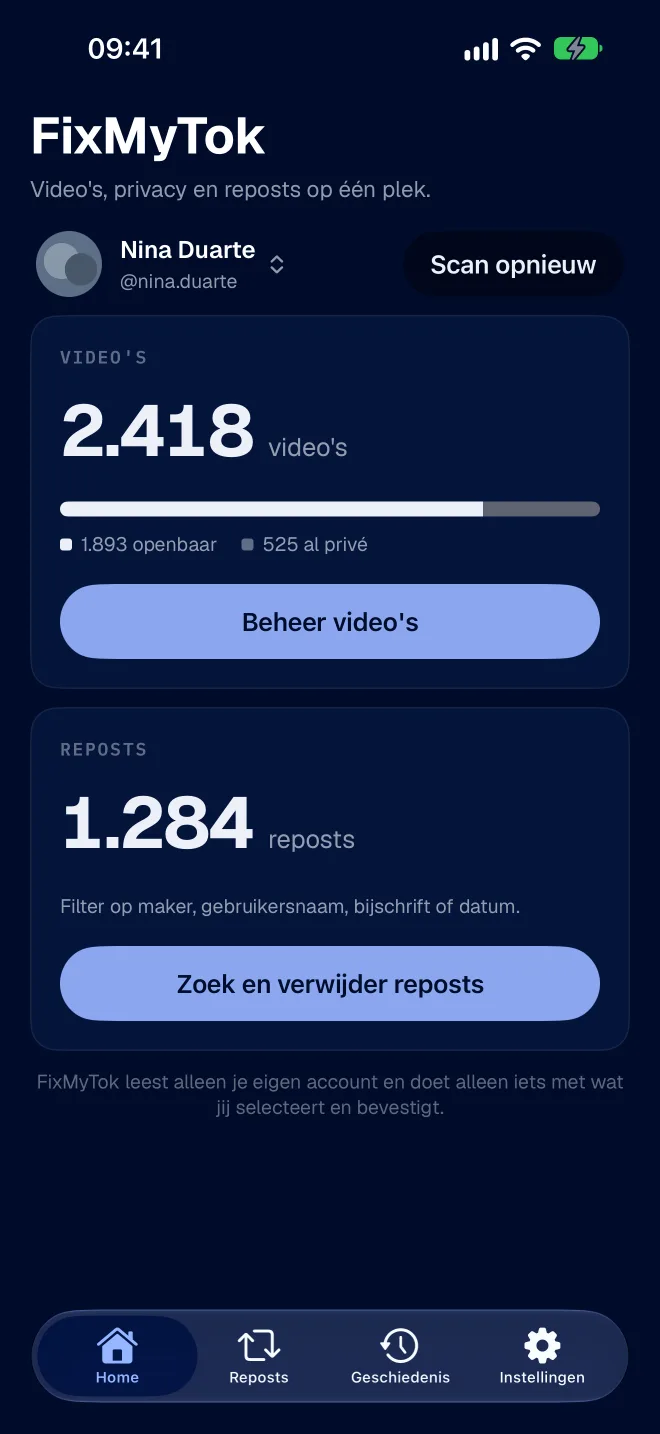 Het FixMyTok-dashboard