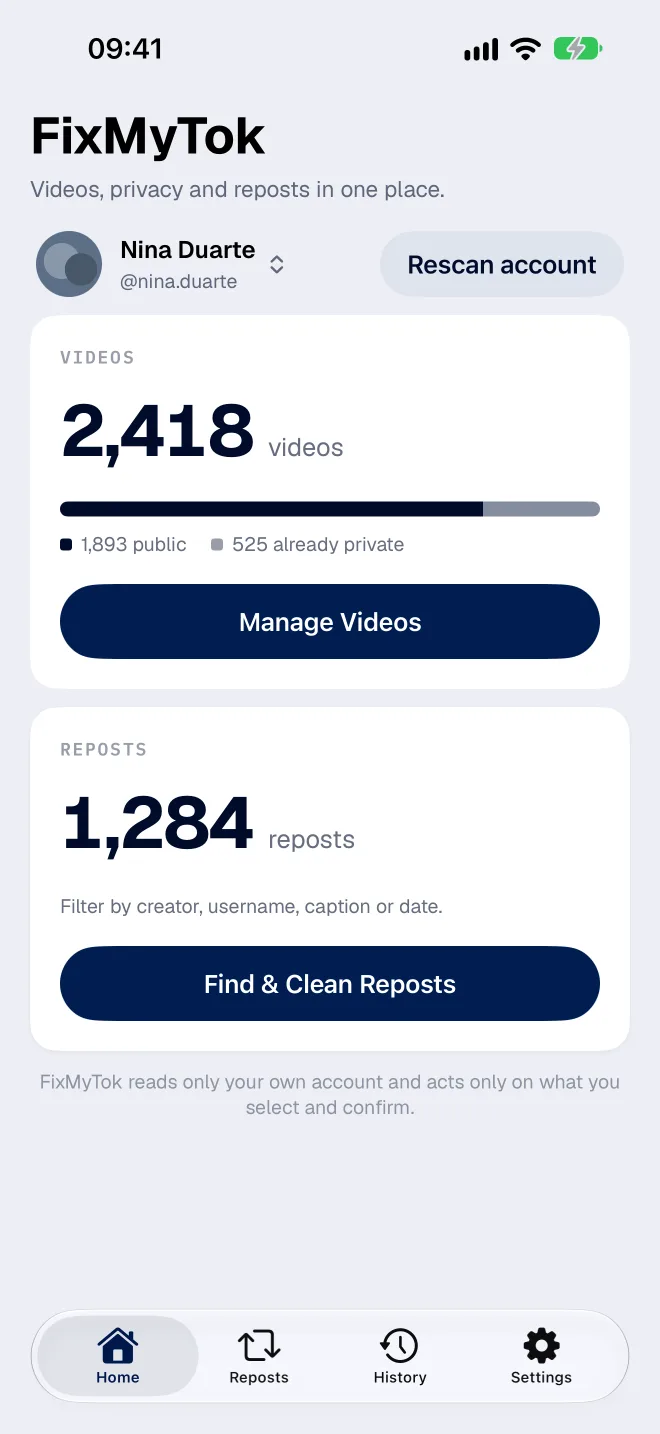 The FixMyTok dashboard