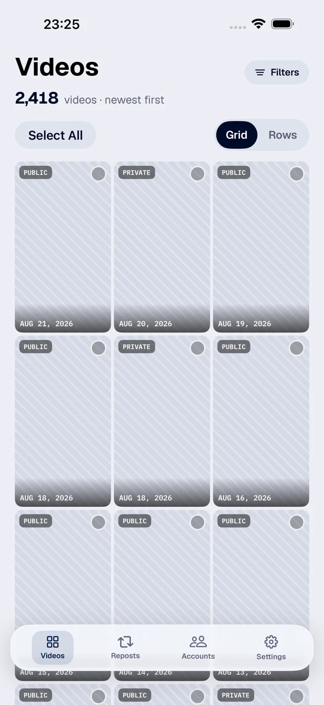 The video library, filtered and selected in bulk