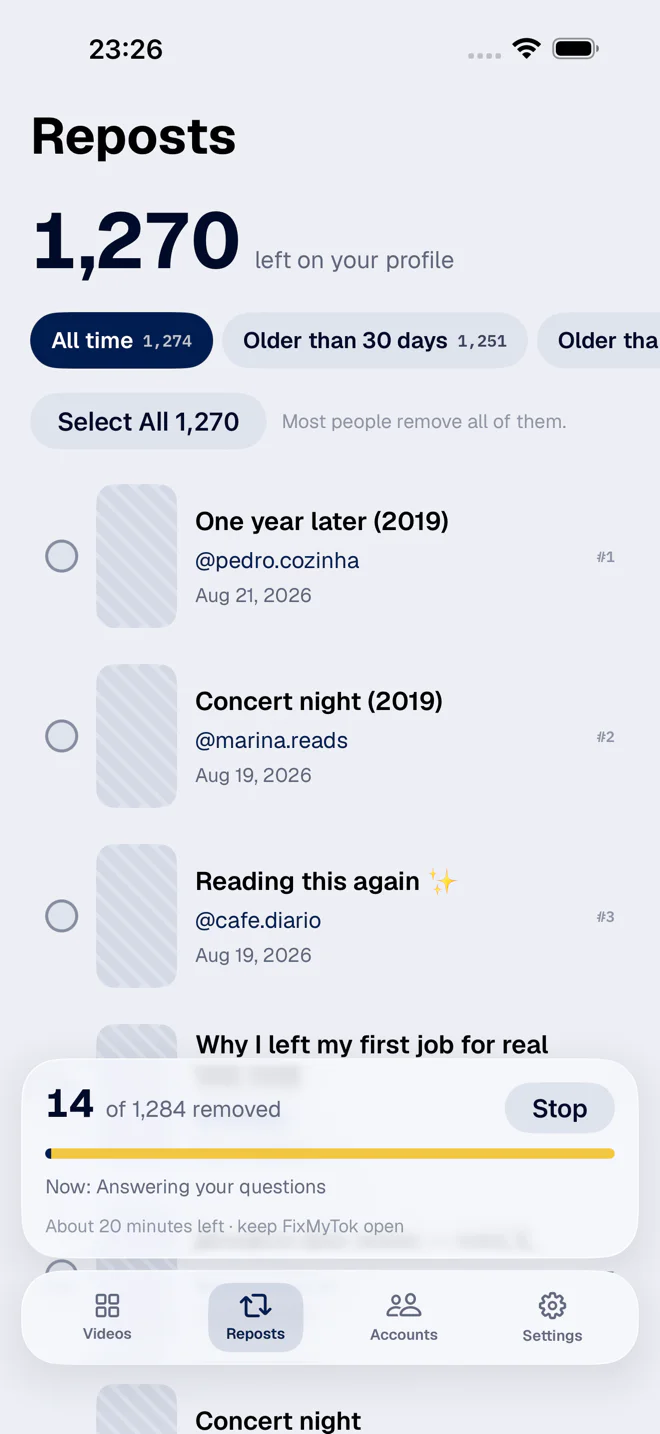 A cleanup running, with its progress and current item