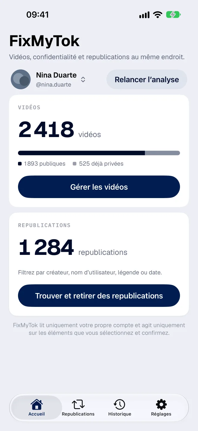 Le tableau de bord de FixMyTok