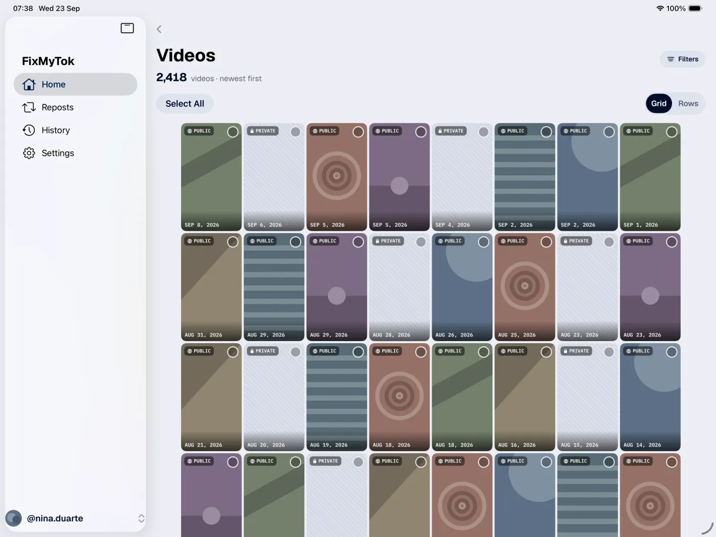 FixMyTok on iPad, the library filtered and selected in bulk