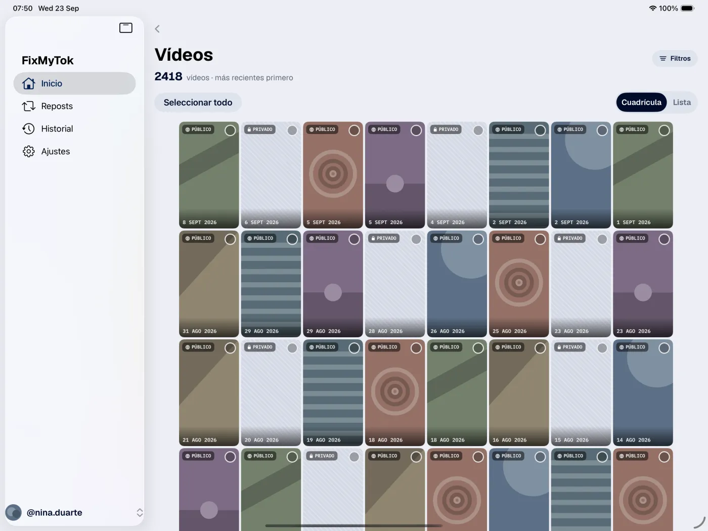 FixMyTok en el iPad, la biblioteca filtrada y seleccionada en masa