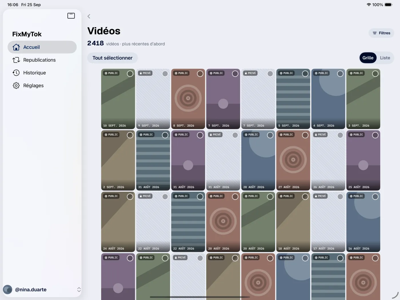 FixMyTok sur iPad, la bibliothèque filtrée et sélectionnée en masse