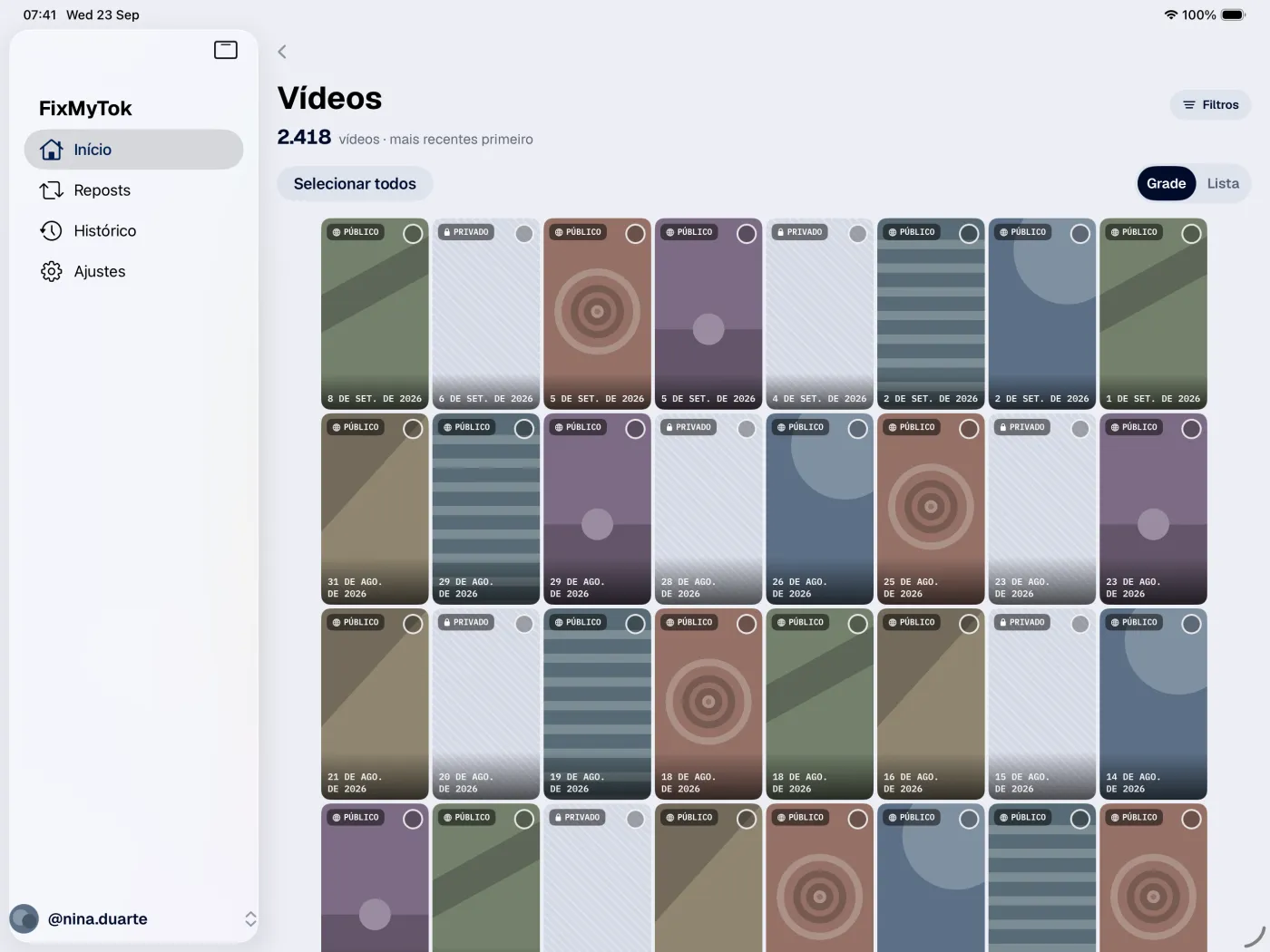 O FixMyTok no iPad com a biblioteca filtrada e selecionada em massa