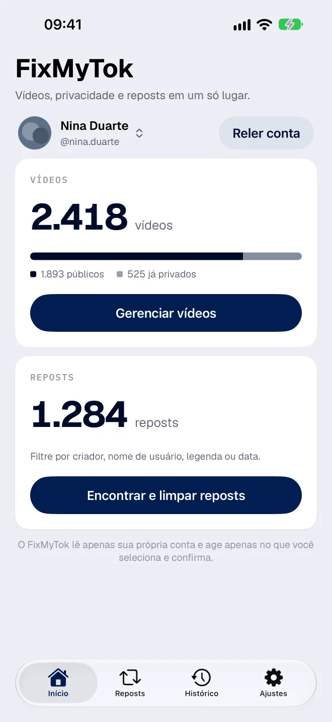 O painel do FixMyTok