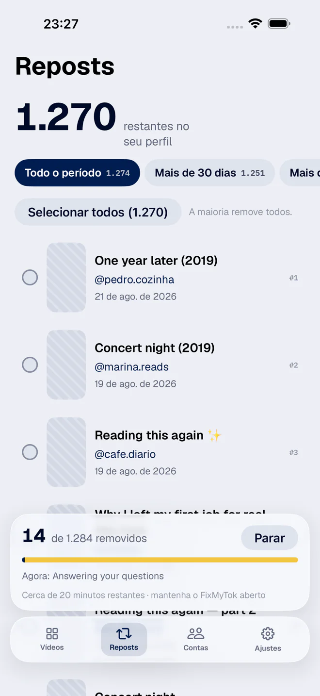 Uma limpeza em andamento, com progresso e item atual